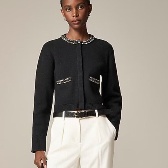 J Crew New relaxed Emilie sweater lady jacket jewel trim Womens Medium Black - Picture 2 of 9